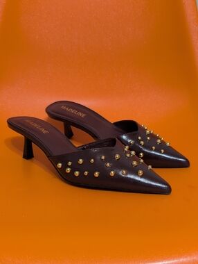 Madeline Brown Pointed Leather Mules with Gold Studs